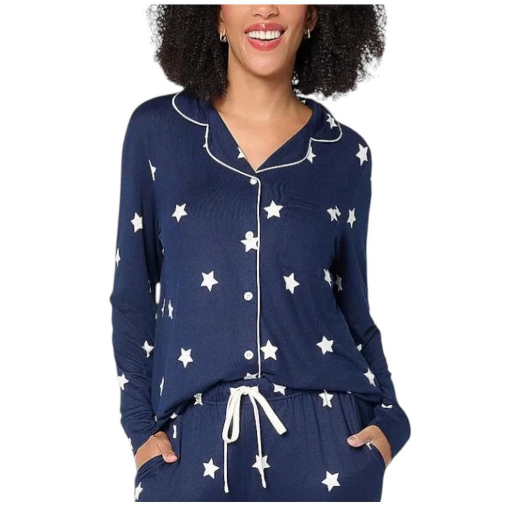 By Jill Martin Women's Long Sleeve Notch Collar PJ Top Navy Stars - Regular